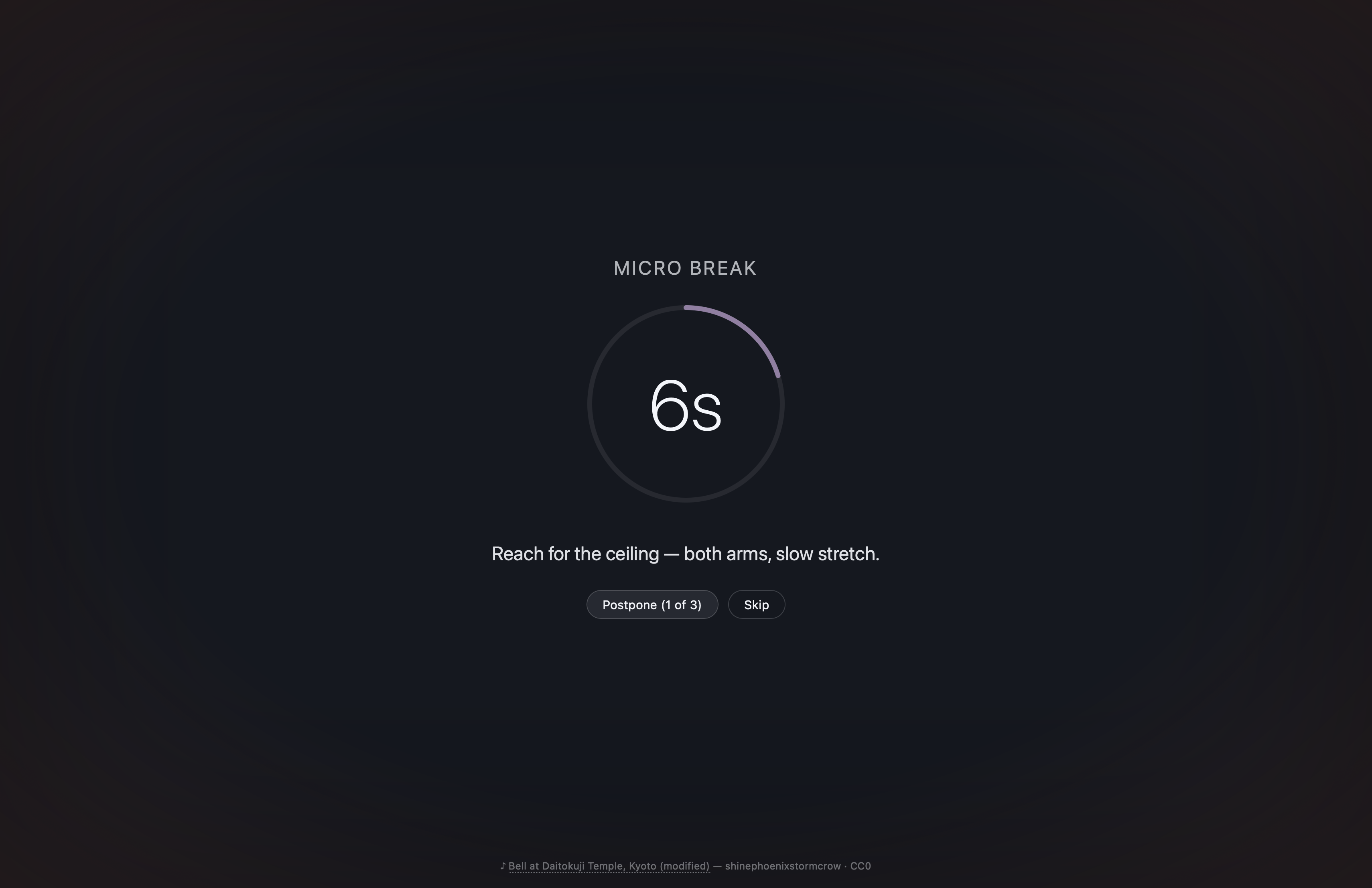 Dark theme: deep slate background with off-white text and a teal countdown ring