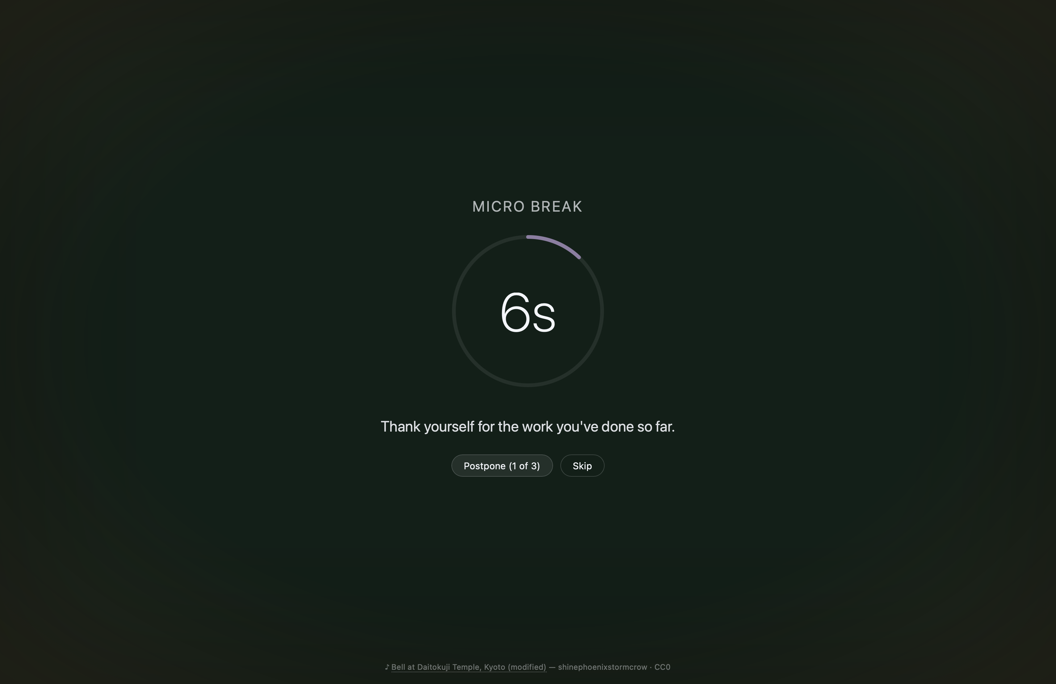 Forest theme: dark green-tinted background with off-white text and a teal countdown ring