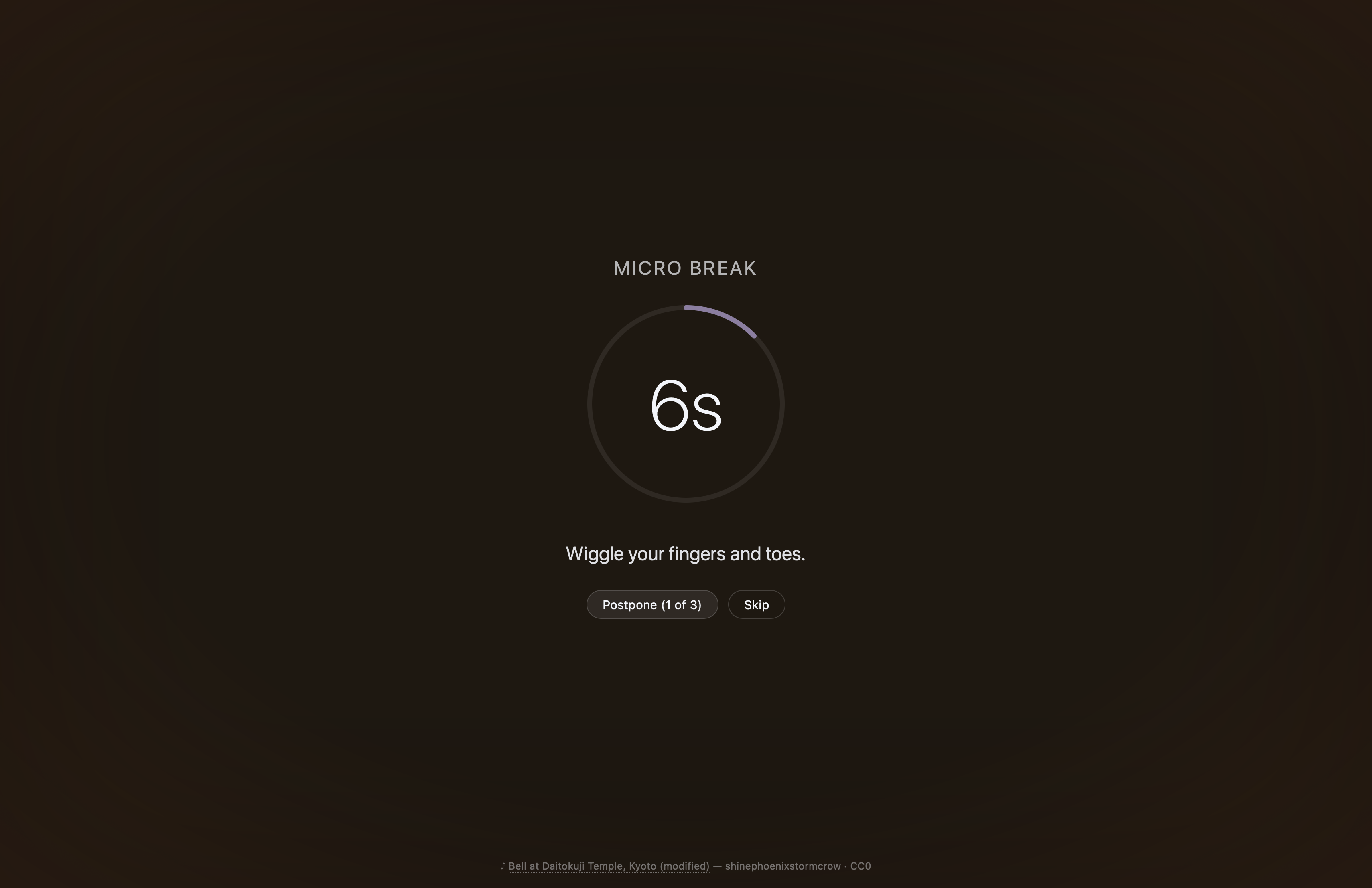Sunset theme: warm dark brown background with off-white text and a teal countdown ring